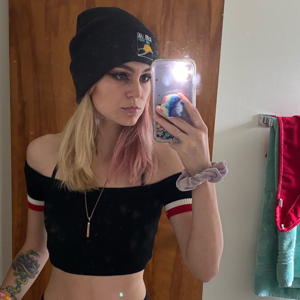Windsor Black,red, & white, stretchy crop top
